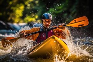 An exhilarating moment of a kayaker navigating through fast - moving rapids in a river. Generative AI photo