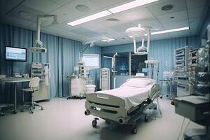 A wide - angle shot of a hospital room interior, focusing on the modern medical equipment and technology. Generative AI photo