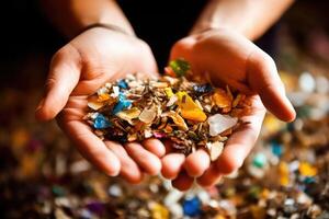 Macro shot of a person's hands sorting recyclable materials, emphasizing the importance of recycling for environmental sustainability. photo