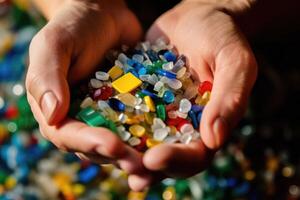 Macro shot of a person's hands sorting recyclable materials, emphasizing the importance of recycling for environmental sustainability. photo