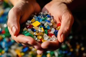 Macro shot of a person's hands sorting recyclable materials, emphasizing the importance of recycling for environmental sustainability. Generative AI photo