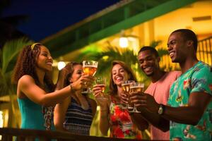 Group of friends enjoying a night by the pool in the villa's garden, clinking their beers together in celebration. Generative AI photo