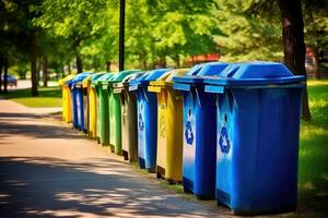 A shot of a row of recycling bins in a well - maintained city park. Generative AI photo