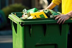 un Disparo de manos participación un reciclaje compartimiento lleno con varios reciclable elementos. generativo ai foto