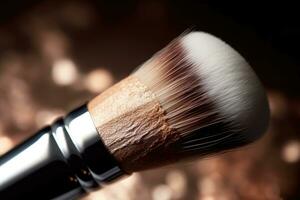 A close - up shot of a makeup brush delicately applying a shimmery highlighter to the cheekbones. Generative AI photo