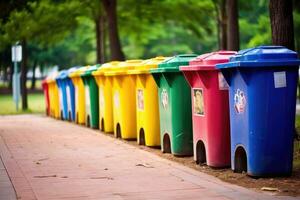 A shot of a row of recycling bins in a well - maintained city park. Generative AI photo