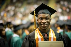 un cerca - arriba Disparo de un afro americano hombre graduado participación su diploma con un orgulloso sonrisa en su rostro. generativo ai foto