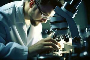 A close - up shot of a scientist peering through a microscope. photo