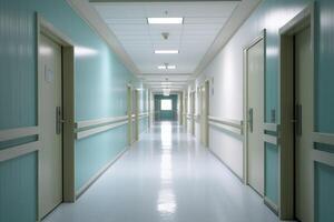 An overhead shot of a hospital hallway with closed doors on either side. Generative AI photo