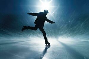 Photo of a figure skater gracefully performing a spin or jump on an outdoor ice rink. Generative AI