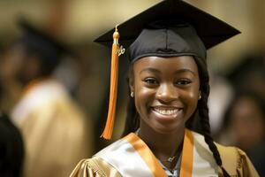 un cerca - arriba Disparo de un afro americano mujer graduado participación su diploma con un orgulloso sonrisa en su rostro. generativo ai foto