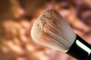 A close - up shot of a makeup brush delicately applying a shimmery highlighter to the cheekbones. Generative AI photo