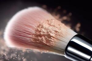 A close - up shot of a makeup brush delicately applying a shimmery highlighter to the cheekbones. Generative AI photo