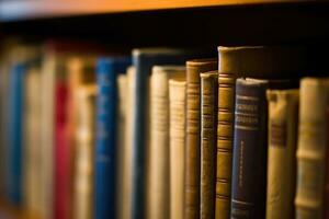 un Disparo de un fila de pulcramente arreglado biblioteca libros en un estante. generativo ai foto