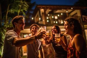 grupo de amigos disfrutando un noche por el piscina en el de la villa jardín, tintinamente su cervezas juntos en celebracion. generativo ai foto