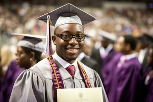 A close - up shot of a afro american man graduate holding their diploma with a proud smile on their face. Generative AI photo