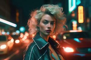 Futuristic and stylish 1980s fashion female model poses in the night city lights. Generative AI photo