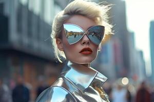 Futuristic and stylish 1980s fashion female model poses on the streets of the city during the daytime. Generative AI photo