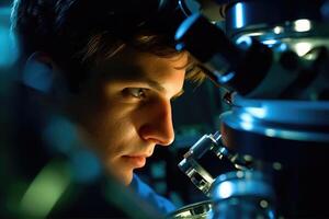 A close - up shot of a scientist peering through a microscope. photo