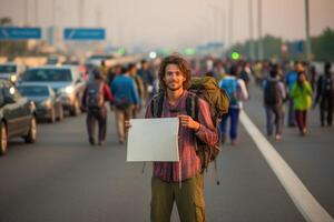 A photo of a backpacker holding a sign with the name of their desired destination, standing at a busy highway junction.