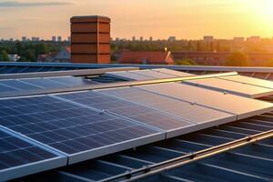 A shot of a solar panel installation on a rooftop. Generative AI photo