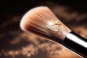 A close - up shot of a makeup brush delicately applying a shimmery highlighter to the cheekbones. photo