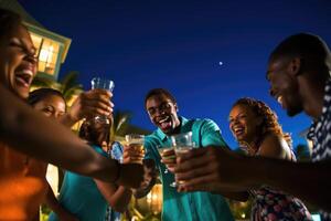 Group of friends enjoying a night by the pool in the villa's garden, clinking their beers together in celebration. Generative AI photo