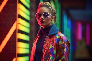 Futuristic and stylish 1980s fashion female model poses in a place with neon geometric lights behind her. Generative AI photo