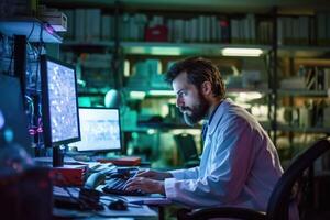 A scientist analyzing data on a computer in a research lab. photo