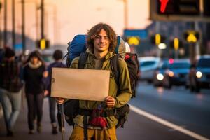 A photo of a backpacker holding a sign with the name of their desired destination, standing at a busy highway junction. Generative AI