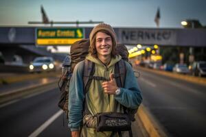 A photo of a backpacker holding a sign with the name of their desired destination, standing at a busy highway junction.