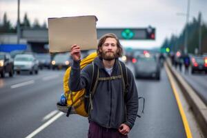 A photo of a backpacker holding a sign with the name of their desired destination, standing at a busy highway junction.