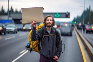 un foto de un mochilero participación un firmar con el nombre de su deseado destino, en pie a un ocupado autopista unión. generativo ai