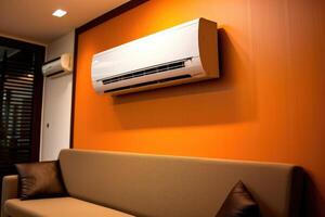 An image of a modern air conditioning unit installed on a wall. photo