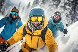 Photo of a group of friends skiing down a snowy slope, their faces filled with excitement and joy.