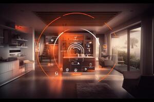 Photo of a futuristic smart home, showcasing automated systems and interconnected devices. Generative AI