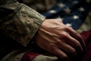 A close - up photo of an American soldier's hand holding a folded American flag, representing honor and sacrifice. Generative AI