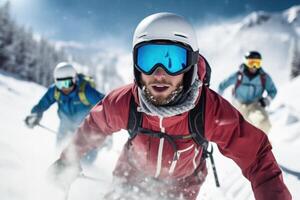 Photo of a group of friends skiing down a snowy slope, their faces filled with excitement and joy.