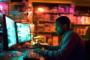 A scientist analyzing data on a computer in a research lab. photo