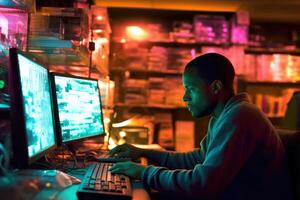 A scientist analyzing data on a computer in a research lab. Generative AI photo