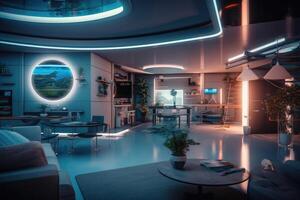 Photo of a futuristic smart home, showcasing automated systems and interconnected devices.