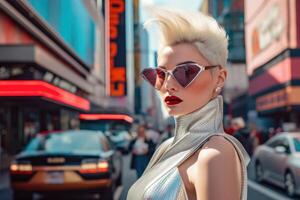 Futuristic and stylish 1980s fashion female model poses on the streets of the city during the daytime. Generative AI photo