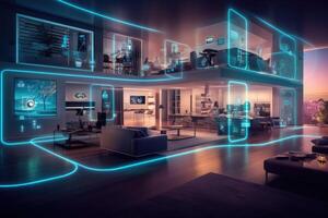 Photo of a futuristic smart home, showcasing automated systems and interconnected devices. Generative AI