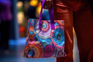 A close - up shot of a person holding a shopping bag with vibrant colors and patterns. photo