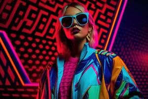 Futuristic and stylish 1980s fashion female model poses in a place with neon geometric lights behind her. Generative AI photo