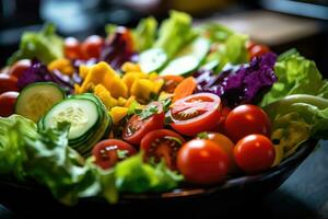 A close - up shot of a colorful salad bowl filled with a variety of fresh vegetables, fruits, and lean proteins. Generative AI photo