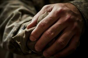 A close - up photo of an American soldier's hand holding a folded American flag, representing honor and sacrifice. Generative AI