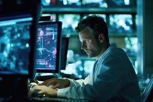 A scientist analyzing data on a computer in a research lab. photo