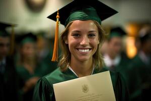 A close - up shot of a caucasian woman graduate holding their diploma with a proud smile on their face. Generative AI photo