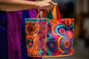 un cerca - arriba Disparo de un persona participación un compras bolso con vibrante colores y patrones. generativo ai foto